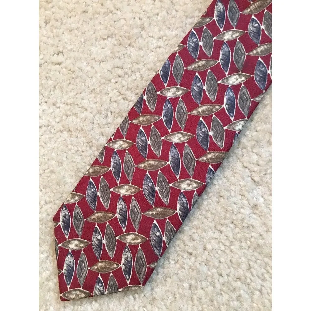 Villa Bugatti Mens 100% Silk Tie Red Blue Gray Geometric Leaves Designer Necktie